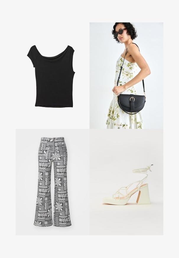 Črna kratka majica s kratkimi rokavi iz gladkega blaga; ima drapiran izrez in asimetrično spodnjo rob, s prilegnjenim telesom.; Črno-bele široke hlače z geometrijskim cvetličnim vzorcem. Narejene so iz lahkotnega blaga z gladko teksturo.; Bela sandala na visokih petah s debelim petam, ki ima obliko trakcev in vezanje okoli gležnja. Gladka tekstura z platformo spredaj za dodatno višino.; Črna usnjena torbica s ukrivljeno obliko, z odstranljivo naramnico in zlatimi dodatki. Torbica ima pokrov s podrobnostmi v obliki zaponke.