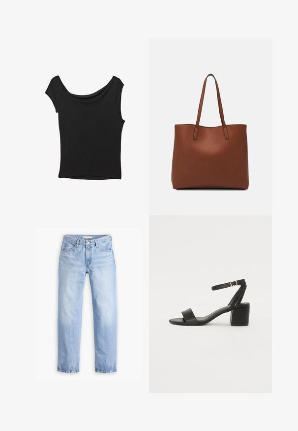 Musta lyhythihainen paita, joka on valmistettu sileästä kankaasta; siinä on laskeutuva kaula-aukko ja epäsymmetrinen helma, sekä istuva malli.; Vaaleansininen farkkutakki, jossa on suora lahje, viisi taskua ja keskipituinen vyötärö. Ominaisuuksiin kuuluu haalistunut pinta ja ommeltu helma.; Mustat korkokenkä-sandaalit, joissa on sileä nahkapinta, avoin varvas, leveät etuvarteen strapit ja säädettävä nilkkastrap, jossa on kultainen solkiyksityiskohta.; Ruskea nahkainen olkalaukku, jossa on sileä pinta, avoin yläosa ja kaksi olkahihnaa. Omaavat vain minimaalisen ompelun eikä näkyvää metalliosaa.