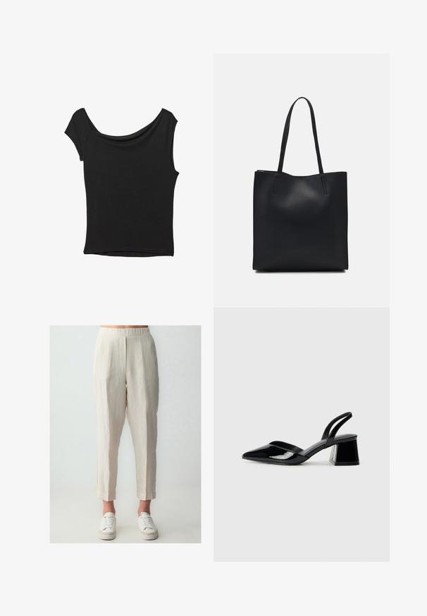 Schwarzes Kurzarmoberteil aus glattem Stoff; hat einen drapierten Ausschnitt und einen asymmetrischen Saum, mit einem figurbetonten Körper.; Helle beige Leinenhosen mit einer lockeren Passform, featuring einen elastischen Bund, seitlichen Taschen und leicht zulaufenden Säumen. Kombiniert mit weißen Sneakers.; Schwarze Lackleder-Slingback-High Heels mit spitzem Schuh und einem geometrischen Blockabsatz. Verfügt über ein schlankes, minimalistisches Design und eine glatte Textur.; Schwarze Laptoptasche aus Leder mit glatter Textur, rechteckiger Form und zwei langen Griffen. Keine sichtbaren Beschläge oder Verzierungen.