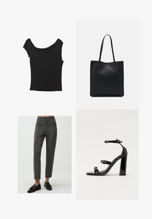 Schwarzes Kurzarmoberteil aus glattem Stoff; hat einen drapierten Ausschnitt und einen asymmetrischen Saum, mit einem figurbetonten Körper.; Grau gemusterte Hose mit glatter Textur, hoher Taille und geradem Bein, kombiniert mit schwarzen Slippern.; Schwarze patentierte Sandalen mit Absatz, quadratischer Spitze, Knöchelriemen und silbernen Schnallen. Mit einem stabilen Blockabsatz für mehr Stabilität.; Schwarze Laptoptasche aus Leder mit glatter Textur, rechteckiger Form und zwei langen Griffen. Keine sichtbaren Beschläge oder Verzierungen.