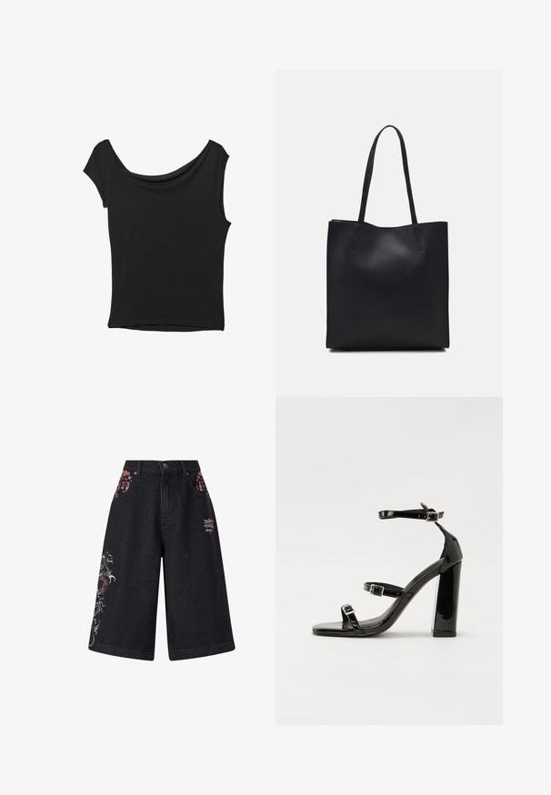 Musta lyhythihainen paita, joka on valmistettu sileästä kankaasta; siinä on laskeutuva kaula-aukko ja epäsymmetrinen helma, sekä istuva malli.; Mustat denimpituiset culotte-shortsit, joissa on kukkakirjaillut taskut ja lohikäärme-kuvio. Varustettu nappisuljennalla ja tulostetulla logolla takana.; Musta kiiltävä korkokenkä sandaalit neliönmuotoisella varpaalla, nilkkaremmillä ja hopeisilla soljilla. Varustettu tukevalla lohkokorkealla vakauden takaamiseksi.; Mustapahkainen kangaskassi, jossa on sileä pinta, suorakaiteen muotoinen ja kaksi pitkää kahvaa. Ei näkyvää metalliosaa tai koristeita.