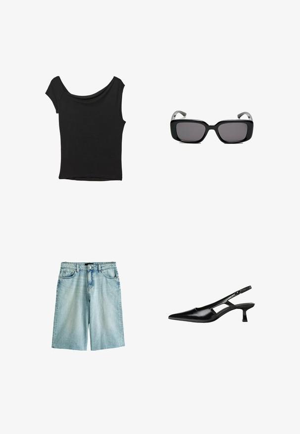Schwarzes Kurzarmoberteil aus glattem Stoff; hat einen drapierten Ausschnitt und einen asymmetrischen Saum, mit einem figurbetonten Körper.; Hellblaue Denim-Shorts mit lockerer Passform, mit Knopfverschluss, Gürtelschlaufen sowie Vorder- und Gesäßtaschen. Strukturierter Stoff, verblasster Look.; Schwarze Lackleder-Slingback-High Heels mit spitzer Zehenform, ausgeschnittenem Seitendesign und kleinem Blockabsatz. Glatte Textur mit minimalen Akzenten.; Schwarze rechteckige Sonnenbrille mit dunklen Gläsern, glattem Kunststoffrahmen und gebogenen Bügeln. Das Design ist klobig mit einer minimalistischen Ästhetik.