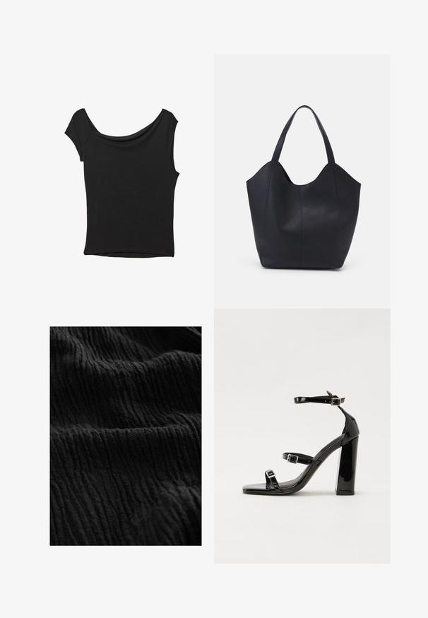 Crna majica kratkih rukava od glatkog materijala; ima drapirani izrez i asimetrični donji rub, uz prilagođeni kroj tijela.; Crna teksturirana tkanina s naboranom površinom, s izraženim linijama i varijacijama u dubini, što ukazuje na mekan materijal.; Crne lakirane sandale na pete sa kvadratnim nosom, trakama oko gležnja i srebrnim kopčama. Imaju čvrst blok petu za stabilnost.; Crna torba od glatke kože, s zakrivljenim otvorenim vrhom, dva remena za rame i minimalističkim dizajnom.