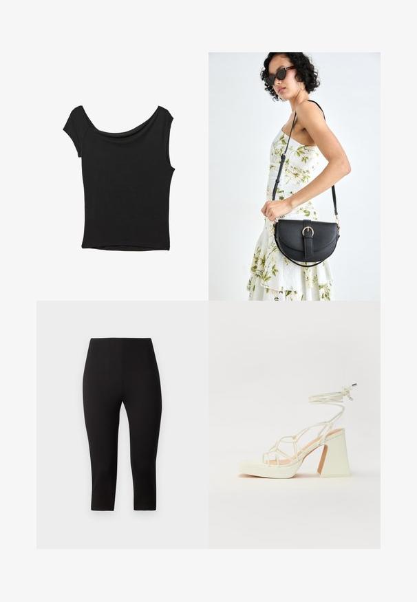 Svart kortärmad topp i slät tyg; har en draperad halsringning och asymmetrisk nederkant, med en figursydd kropp.; Högmidjade svarta leggings, kort längd, tillverkade av elastiskt material, slät textur, inga synliga mönster eller detaljer i hårdvara.; Vit högklackad sandal med en kraftig klack, med ett remdesign och ankelband. Slät textur med en plattform framtill för ökad höjd.; Svart läderhandväska med en böjd form, avtagbar rem och guldiga detaljer. Väskan har ett lock med en spänndetalj.