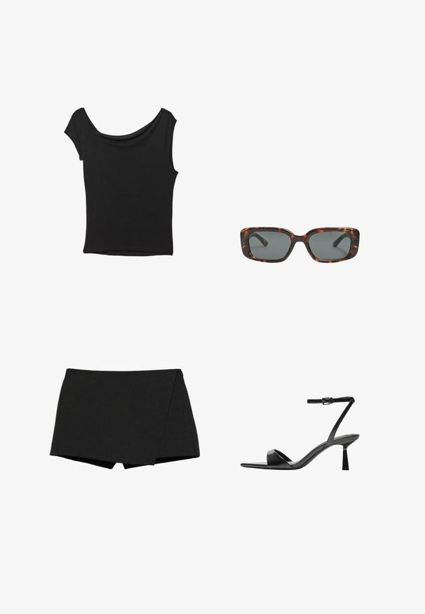 Sort kortærmet top lavet af glat stof; har en draperet halsudskæring og en asymmetrisk kant, med en tætsiddende pasform.; Sorte, letvægts shorts med indpakningsdesign. Har en glat overflade og skarpe kanter. Lige kant og ingen synlige lukninger.; Bershka Højhælede sandaletter / Højhælede sandaler - black; Skildpaddedesolbriller med rektangulære linser, tykke stel og mørkt tonede linser. Glat tekstur og minimalistisk design.