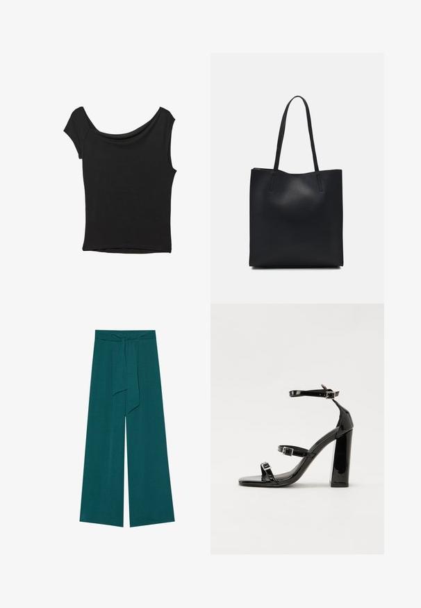 Černý krátký rukáv top vyrobený z hladké látky; má drapovaný výstřih a asymetrický lem, s přiléhavým střihem.; Široké kalhoty v tmavě modrozelené barvě s texturovaným povrchem, s páskem na uvázání pro nastavitelné uchycení a volnou siluetou.; Černé lakované sandály na podpatku se čtveratou špičkou, lýtkovými pásky a stříbrnými přezkami. Disponují masivním blokovým podpatkem pro stabilitu.; Černá kožená taška přes rameno s hladkým povrchem, obdélníkovým tvarem a dvěma dlouhými uchy. Žádné viditelné kování ani ozdoby.