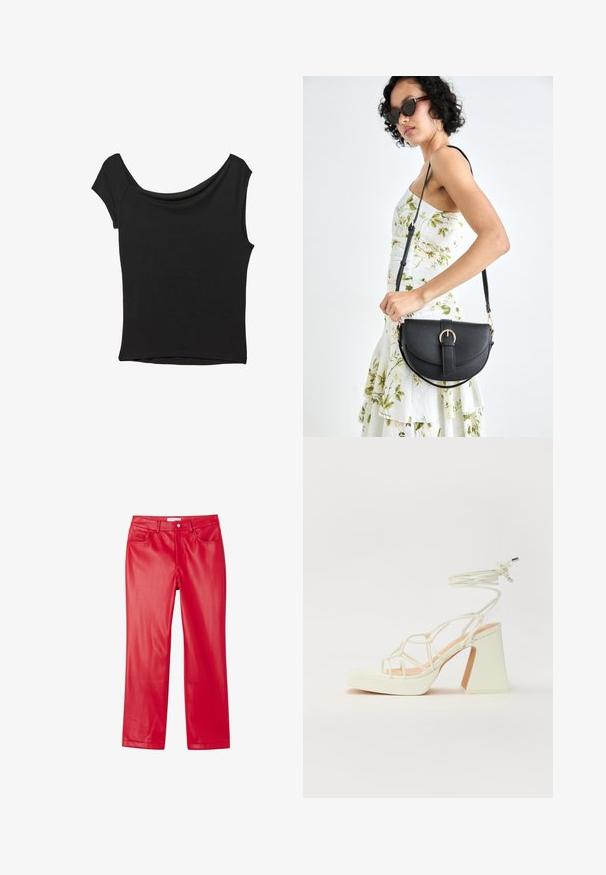 Černý krátký rukáv top vyrobený z hladké látky; má drapovaný výstřih a asymetrický lem, s přiléhavým střihem.; Červené kalhoty z umělé kůže s elegantním designem, rovnými nohavicemi, pěti kapsami a hladkým, lesklým povrchem.; Bílé sandály na vysokém podpatku s robustním podpatkem, s designem s pásky a zavazováním kolem kotníku. Hladký povrch s platformou vpředu pro zvýšení výšky.; Černá kožená kabelka s křivkovým tvarem, odnímatelným popruhem a zlatými detaily. Kabelka má klopu s přezkou.