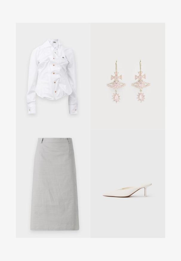 White long-sleeve shirt with a fitted design. Features a large collar, front button closure with brown buttons, and a small embroidered logo.; Gray pencil skirt with a smooth texture, fitted shape, and a flat waistband, featuring side seams and no visible patterns or accents.; Pointed-toe white mule with a low stiletto heel. Made of smooth material with a minimalist design and subtle tan sole detail.; Pink gemstone earrings with a bow design, featuring a layered structure and sparkling accents; metal hardware retains a polished finish.