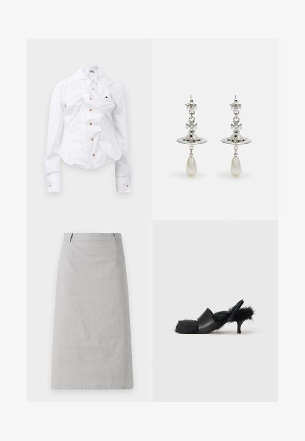 Balts garām piedurknēm krekls ar pieguļošu dizainu. Iekļauj lielu apkakli, priekšējo pogu aizdari ar brūnām pogām un mazu izbrodētu logotipu.; Pelēka zīmuļu svārki ar gludu tekstūru, piegulīgu formu un plakanu jostasvietu, ar sānu šuvēm un bez redzamām rakstu vai akcentu detalizācijām.; Melnā kaķenītes papēža sandalē ar pūkainu ādas pārklājumu uz iekšpuses, papēža siksniņu un pirkstu zonā, ar gludu ādas priekšējo siksniņu.; Sudraba auskaru dizains ar apaļu gredzenu, rotātu ar mirdzošām akmeņiem un asarveida pērli. Izteiksmīgs dizains ar sarežģītām akcentiem.