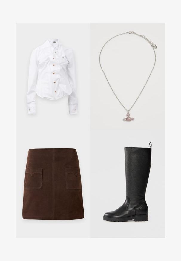 Valkoinen pitkähihaisen paita, jossa on slim fit -muotoilu. Sisältää suuren kauluksen, edessä nappisuljenta ruskeilla nappeilla sekä pienen brodeeratun logon.; Ruskea mokkanahkainen hame, jossa on klassinen A-linjainen malli, kaksi etutaskua pyöreillä läpillä ja hienovaraisia ommeltyöstöjä.; Mustat polvipituiset saappaat, jotka on valmistettu tekstuuripintaisesta nahasta. Niissä on pyöristetty kärki, kestävä kumipohja, joka tarjoaa pitoa, ja vetonauha ylhäällä.; Rohkea hopeaketjunecklace, jossa on vaaleanpunainen, kimaltava riipus, joka on muotoiltu kuin sydämen muotoinen rusetti, kiinnitetty homshaakaskannalla.