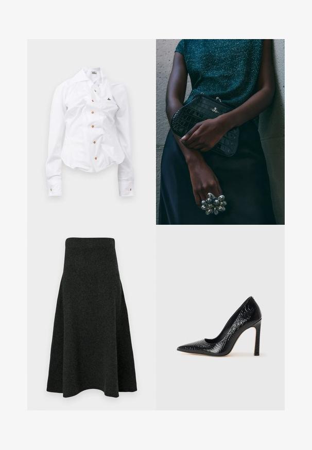 Biela dlhá košeľa s priliehavým strihom. Má veľký golier, predné zapínanie na hnedé gombíky a malé vyšívané logo.; Tmavozelená sukňa z filcu so širším strihom, vysokým pásom a hladkou textúrou. Lem je jemne zakrivený pre plynulý vzhľad.; Čierna lodička s špicatou špičkou a lakovanou textúrou krokodíla, s elegantným dizajnom, vysokým stiletto podpätkom a hladkým čiernym interiérom.; Čierna clutch kabelka s krokodílovým vzorom a striebornými kovovými prvkami, držaná proti textúrovanému sivému pozadiu. Má lesklý povrch.