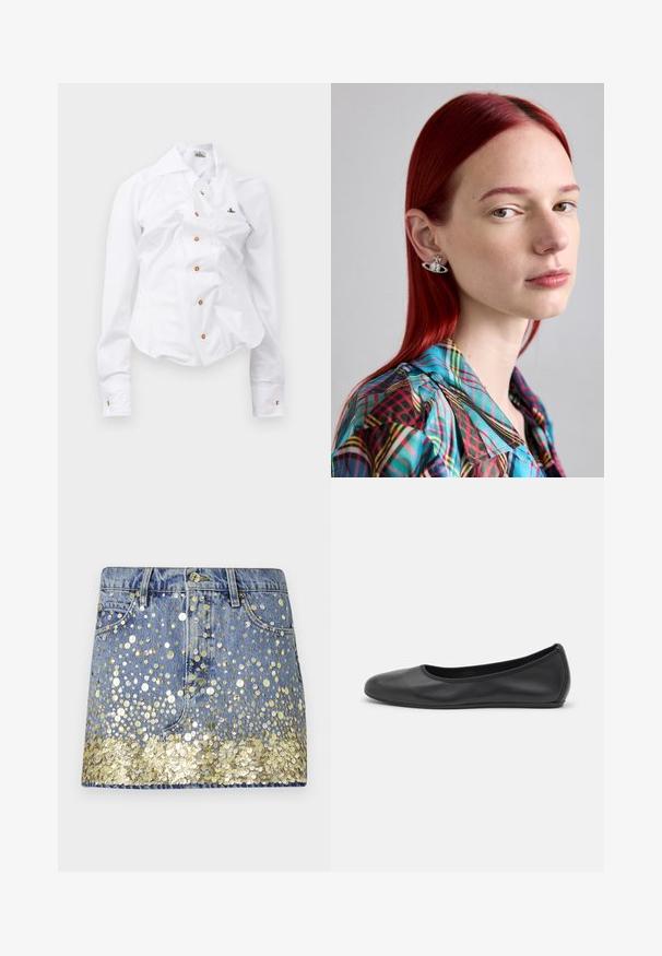 Hvid langærmet skjorte med en tætsiddende design. Har en stor krave, frontlukning med brune knapper og et lille broderet logo.; Denim nederdel i en falmet blå farve, prydet med guldpalietter i kanten, der skaber en gradient effekt. Fem-lomme design med knaplukning.; Sort læderballetsko med rund tå, glat tekstur, minimal syning og et fleksibelt såldesign.; Sølvøreringe formet som Saturn med intrikate detaljer. Bæreren har langt rødt hår og bærer en farverig ternet skjorte.