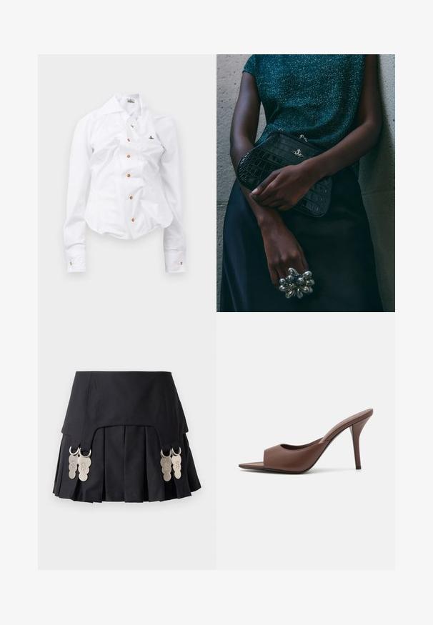 Camisa blanca de manga larga con un diseño ajustado. Presenta un gran cuello, cierre frontal con botones marrones y un pequeño logotipo bordado.; Falda negra con plisados que presenta detalles de metal en los laterales, hecha de un tejido estructurado con una textura suave y un diseño limpio.; Mules de tacón alto destalonados de cuero marrón con un diseño elegante, que cuentan con una amplia banda frontal y un tacón de aguja esbelto.; Bolso de mano negro con estampado de cocodrilo y herrajes plateados, sostenido frente a un fondo gris texturizado. Presenta una superficie brillante.; Un par de pendientes de metal dorado en forma de óvalo irregular con una superficie texturizada y ligeramente martillada sobre un fondo blanco.