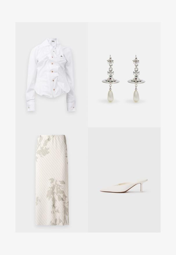Chemise blanche à manches longues au design ajusté. Dispose d'un grand col, d'une fermeture à boutons sur le devant avec des boutons marron, et d'un petit logo brodé.; Jupe blanche avec un motif à rayures fines et des dessins floraux gris clair. Taille élastique pour un ajustement confortable.; Mule blanc à bout pointu avec un talon stiletto bas. Fabriqué en matériau lisse avec un design minimaliste et un subtil détail de semelle beige.; Boucles d'oreilles en argent avec un anneau circulaire, ornées de pierres étincelantes et d'un pendentif en forme de goutte de perle. Design distinctif avec des accents complexes.