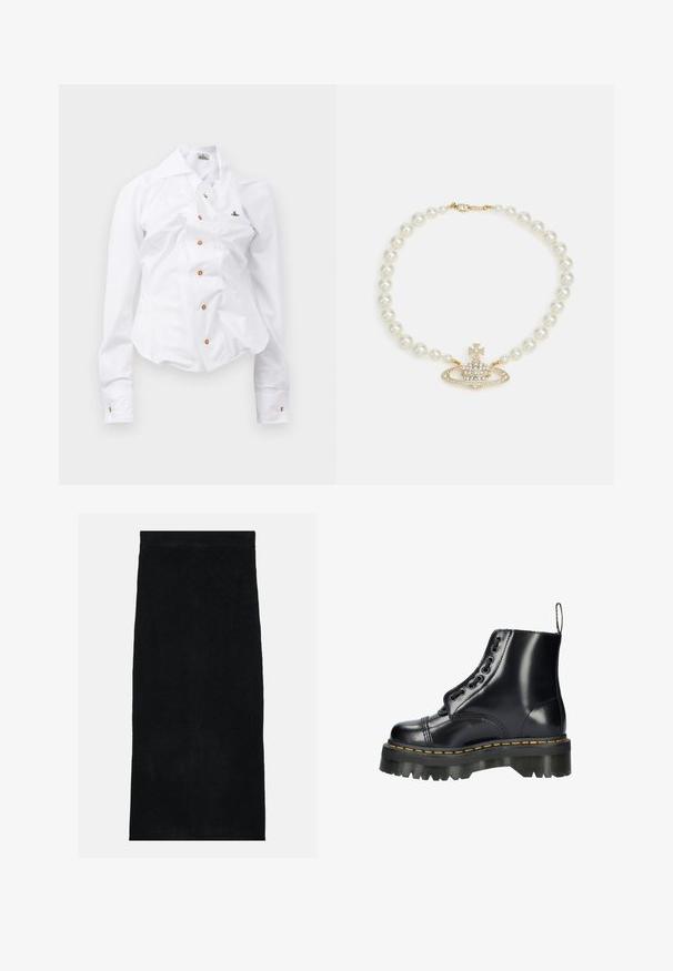 Camicia bianca a maniche lunghe con un design aderente. Presenta un grande colletto, chiusura frontale con bottoni marroni e un piccolo logo ricamato.; Gonna in spugna nera, caratterizzata da una superficie morbida e testurizzata e una vita aderente. Il design è semplice e uniforme, senza motivi o accenti.; Stivaletto in pelle nera con suola spessa e scolpita, caratterizzato da una lacciatura decorativa, un bordo cucito in giallo e un'etichetta sul tallone.; Vivienne Westwood ONE ROW BAS RELIEF CHOKER - Collana - gold-coloured/cream