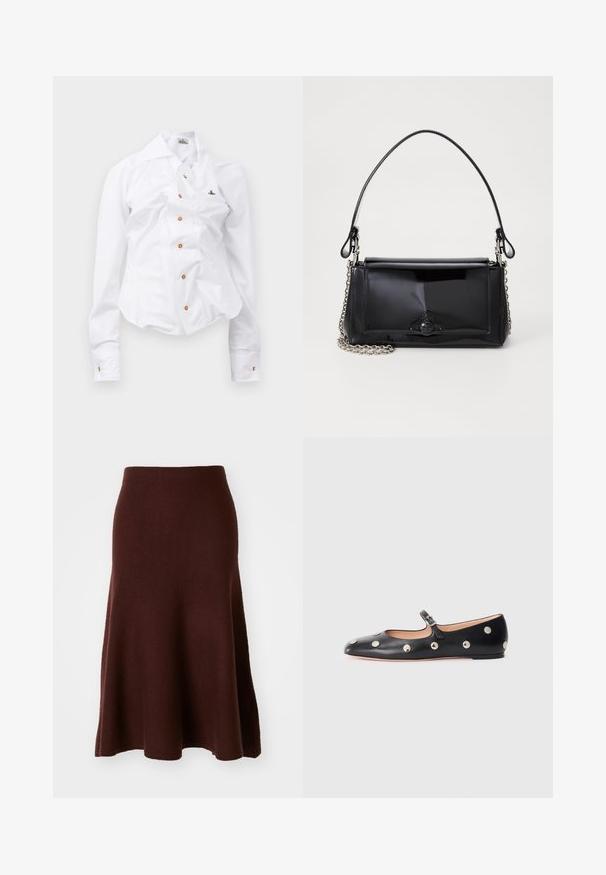 White long-sleeve shirt with a fitted design. Features a large collar, front button closure with brown buttons, and a small embroidered logo.; Brown merino wool skirt, A-line shape, smooth texture, knee-length with a flared hem, minimal seams, suitable for casual wear.; Black leather Mary Jane flat shoe with a rounded toe, featuring silver circular studs and an adjustable strap with a buckle.; Black patent leather handbag with a rectangular shape, chain strap, and a distinctive hardware accent in the center. Smooth texture.