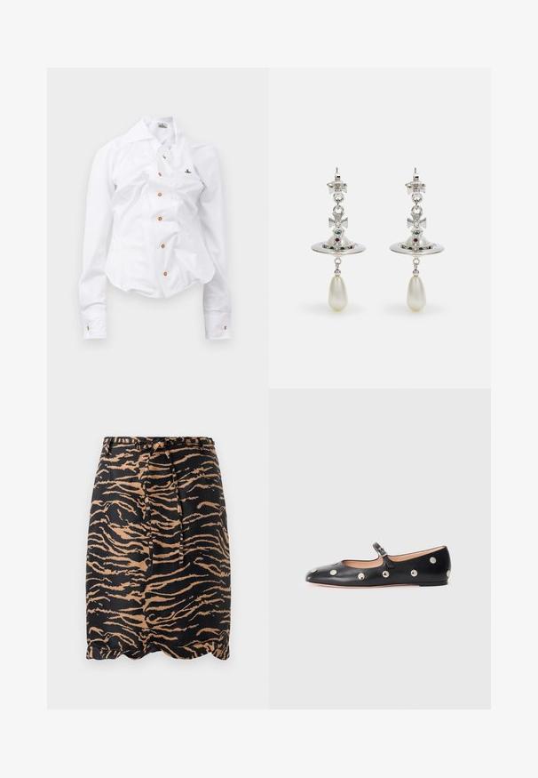 Balta ilgomis rankovėmis marškiniai su prigludusia išvaizda. Yra didelis apykaklė, priekinis užsegimas su rudais mygtukais ir mažas siuvinėtas logotipas.; Juoda ir tan spalvos tigro raštuota sijonas, pagamintas iš lygaus audinio, su raiščiu juosmens ir banguoto krašto dizainu.; Juodų odinių Mary Jane plokščių batų su apvaliu pirštu, papuoštų sidabriniais apvaliais nagais ir reguliuojamu dirželiu su sagtimi.; Sidabrinės auskarai su apvaliu žiedu, papuošti spindinčiomis akmenimis ir ašarėlės formos perlo pakabučiu. Išskirtinis dizainas su rafinuotais akcentais.