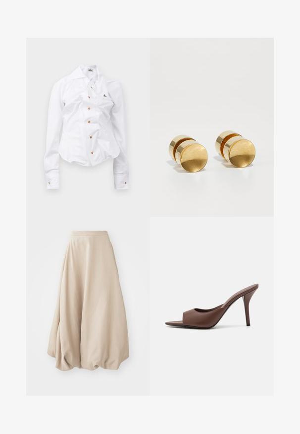 Camicia bianca a maniche lunghe con un design aderente. Presenta un grande colletto, chiusura frontale con bottoni marroni e un piccolo logo ricamato.; Gonna a palloncino beige realizzata in morbido tessuto. Presenta una vita alta e un design voluminoso con texture arricciata sull'orlo.; Mule aperti con tacco alto in pelle marrone, dal design elegante, caratterizzati da una larga fascia anteriore e un sottile tacco a stiletto.; Orecchini in metallo dorato con una semplice forma rotonda, caratterizzati da una finitura liscia e una fascia centrale lucida. Misurano circa 1 cm di diametro.