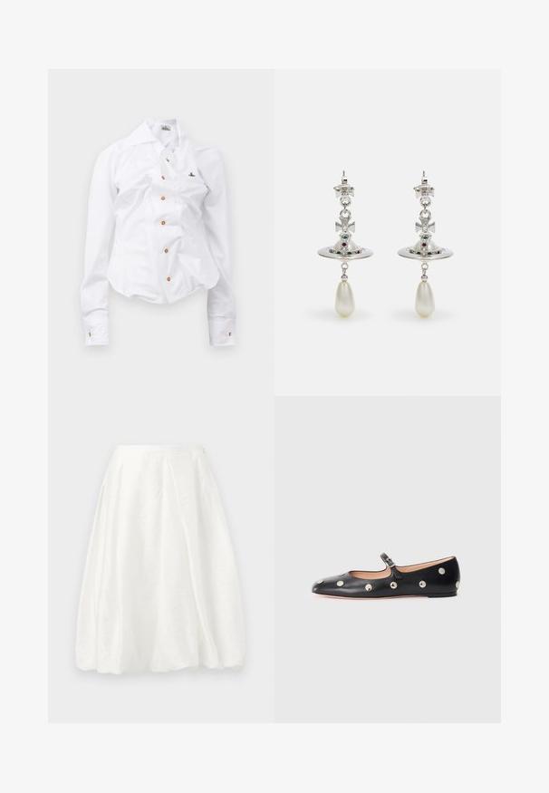 White long-sleeve shirt with a fitted design. Features a large collar, front button closure with brown buttons, and a small embroidered logo.; White, knee-length skirt with a textured fabric, featuring a high waist and a flared design for a volume effect.; Black leather Mary Jane flat shoe with a rounded toe, featuring silver circular studs and an adjustable strap with a buckle.; Silver earrings featuring a circular hoop, adorned with sparkling stones and a teardrop pearl pendant. Distinctive design with intricate accents.