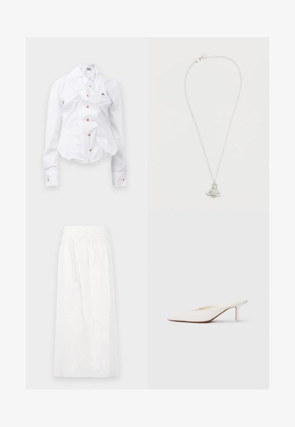 Balts garām piedurknēm krekls ar pieguļošu dizainu. Iekļauj lielu apkakli, priekšējo pogu aizdari ar brūnām pogām un mazu izbrodētu logotipu.; Balts maxi svārki ar elastīgu jostu, smalku ziedu izšuvumu un plūstošu dizainu. Izgatavoti no viegla auduma.; Punktveidīgi baltie mūļi ar zemu stiletto papēdi. Izgatavoti no gludas materiāla ar minimālistisku dizainu un smalku brūnganu zoles akcentu.; Sudraba ķēdes kaklarota ar raķetes piekari, kura centrā ir apaļš dimanta izskata akmens un apļa forma. Sīki izstrādāta un pulēta virsma.
