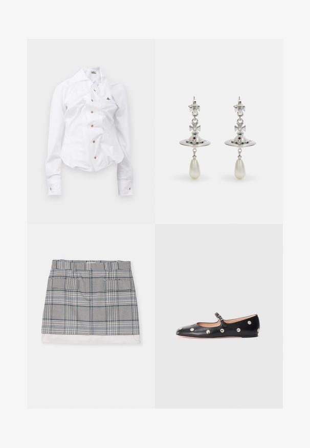 Fehér, hosszú ujjú ing, karcsú szabással. Nagy gallérral, elöl barna gombos záródással, és egy kis hímzett logóval rendelkezik.; Kockás mini szoknya fekete, fehér és kék színben. Két elülső zsebbel és egy egyszínű fehér szegéllyel rendelkezik. Könnyű, sima textúrájú anyag.; Fekete bőr Mary Jane lapossarkú cipő, lekerekített orral, ezüst színű kör alakú szegecsekkel és állítható pánttal, csattal.; Ezüst fülbevalók, kör alakú karikával, ragyogó kövekkel díszítve, és egy csepp formájú gyöngy medállal. Különleges design finom részletekkel.