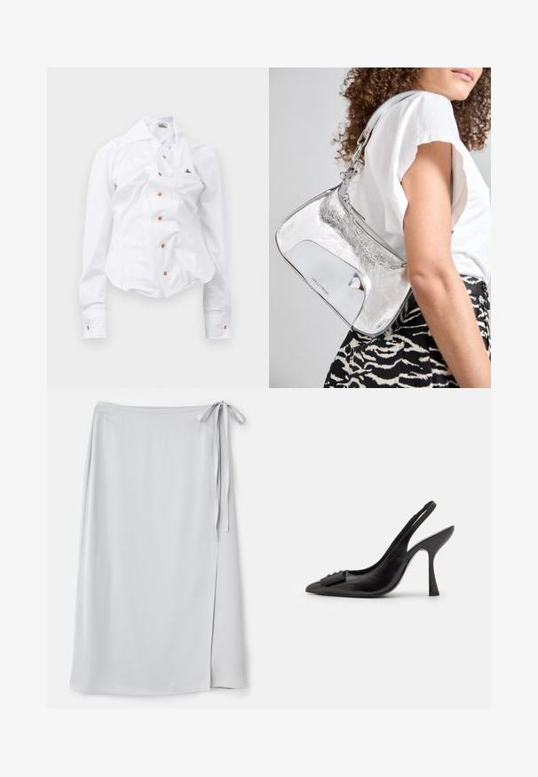 Hvid langærmet skjorte med en tætsiddende design. Har en stor krave, frontlukning med brune knapper og et lille broderet logo.; Lys grå omslagsnederdel med en glat tekstur, sidelukning med bånd og en subtil slids på venstre side. Enkel design uden mønstre eller accenter.; Sorte lædersandal med spids tå, slank høj hæl og dekorativ sløjfeaccent. Glat tekstur og strømlinet design.; Sølv metal skuldertaske med en glat overflade, buet design, kædestrop og en poleret frontpanel med en subtil logoindgravering.; Sølvøreringe med et strømende, spiralmønster. Glat tekstur med en poleret overflade. Har en subtil glans og ingen synlige udsmykninger.