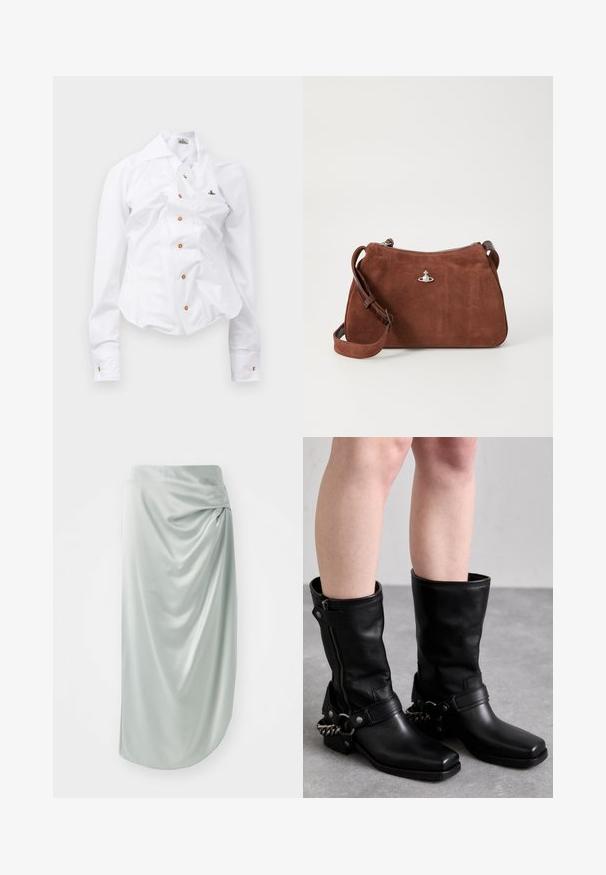 Hvid langærmet skjorte med en tætsiddende design. Har en stor krave, frontlukning med brune knapper og et lille broderet logo.; Lys grøn satinskørt med draperet design, midtlængde, glat tekstur, med en sidelukning detalje for ekstra visuelt interesse.; Sorte læderknæhøje støvler med firkantet tå, lynlås i siden og justerbar strop med metal kædeaccent. Mat finish og solid sål.; Brun ruskinds taske med lynlås, justerbar skulderrem og sølvfarvede detaljer, der har en subtil tekstureret overflade.