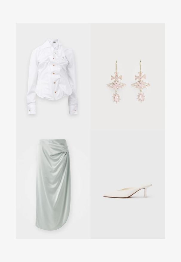 Biała koszula z długim rękawem o dopasowanym kroju. Posiada dużą kołnierz, zapięcie na guziki z przodu z brązowymi guzikami oraz małe haftowane logo.; Jasnozielona satynowa spódnica o drapowanej formie, o długości midi, o gładkiej fakturze, z detalem w postaci węzła z boku dla dodatkowego wizualnego zainteresowania.; Białe mule z ostrym noskiem i niskim obcasem w kształcie słupka. Wykonane z gładkiego materiału o minimalistycznym designie i subtelnym brązowym detalem na podeszwie.; Różowe kolczyki z kamieniami szlachetnymi w kształcie kokardki, z warstwową strukturą i błyszczącymi akcentami; metalowe elementy zachowują polerowane wykończenie.