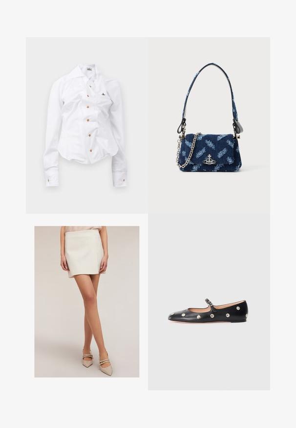 Witte longsleeve shirt met een getailleerd ontwerp. Voorzien van een grote kraag, sluiting met knopen aan de voorkant met bruine knopen en een klein geborduurd logo.; Witte mini-jurk met een rechte snit en een lichte glans. Draagt bijbehorende beige puntenhakschoenen met dubbele enkelbanden. Soepele stofstructuur.; Zwarte leren Mary Jane ballerina met een ronde neus, voorzien van zilveren ronde studs en een verstelbaar bandje met een gesp.; Marineblauwe stoffen handtas met een textuurdesign, zilveren hardware en een afneembare kettingband. Voorzien van een klep sluiting en een logoaccent.; Zilveren oorbellen met een ronde hoop, versierd met fonkelende stenen en een druppelvormige parelpendant. Bijzonder ontwerp met intrigerende accenten.