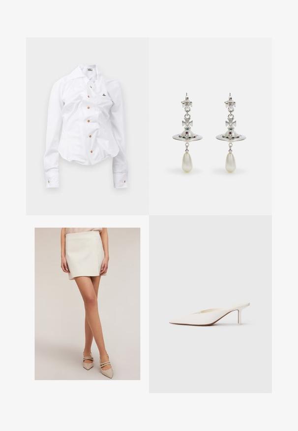 Witte longsleeve shirt met een getailleerd ontwerp. Voorzien van een grote kraag, sluiting met knopen aan de voorkant met bruine knopen en een klein geborduurd logo.; Witte mini-jurk met een rechte snit en een lichte glans. Draagt bijbehorende beige puntenhakschoenen met dubbele enkelbanden. Soepele stofstructuur.; Witte muiltjes met spitse neus en een lage stilettohak. Gemaakt van glad materiaal met een minimalistisch ontwerp en subtiele tan kleurige zooldetails.; Zilveren oorbellen met een ronde hoop, versierd met fonkelende stenen en een druppelvormige parelpendant. Bijzonder ontwerp met intrigerende accenten.