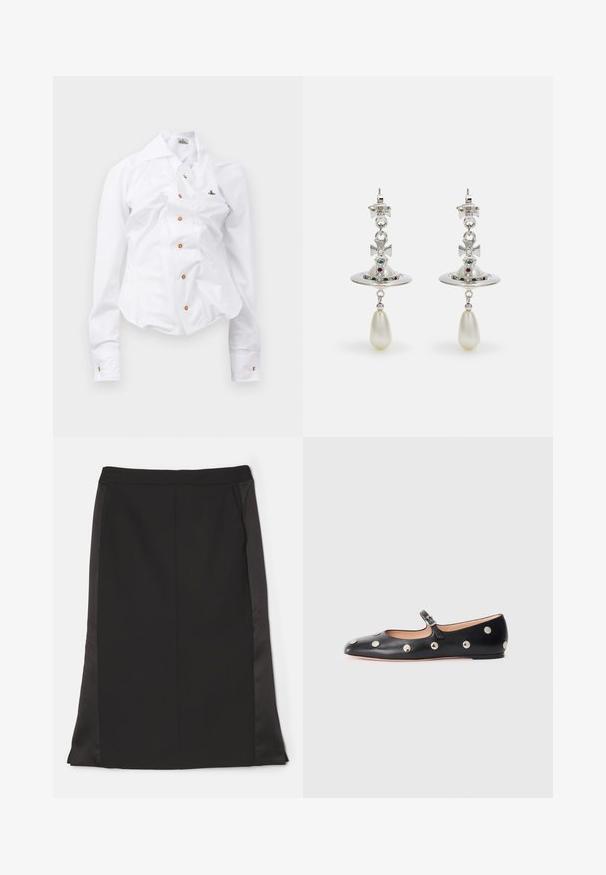 Valkoinen pitkähihaisen paita, jossa on slim fit -muotoilu. Sisältää suuren kauluksen, edessä nappisuljenta ruskeilla nappeilla sekä pienen brodeeratun logon.; Musta kynähame, jossa on sileä kangaspinta, sivutaskut ja hieman mattapintainen satiininen sivupaneeli kontrastina.; Musta nahkainen Mary Jane -tyylinen tasapohjakenkä, jossa on pyöreä varvas. Kenkässä on hopeisia pyöreitä niittejä ja säätöremmi, jossa on solki.; Hope hopea, jossa on pyöreä muoto, koristeltu kimaltavilla kivillä ja tipan muotoisella helmipendaatilla. Erityinen muotoilu monimutkaisilla yksityiskohdilla.