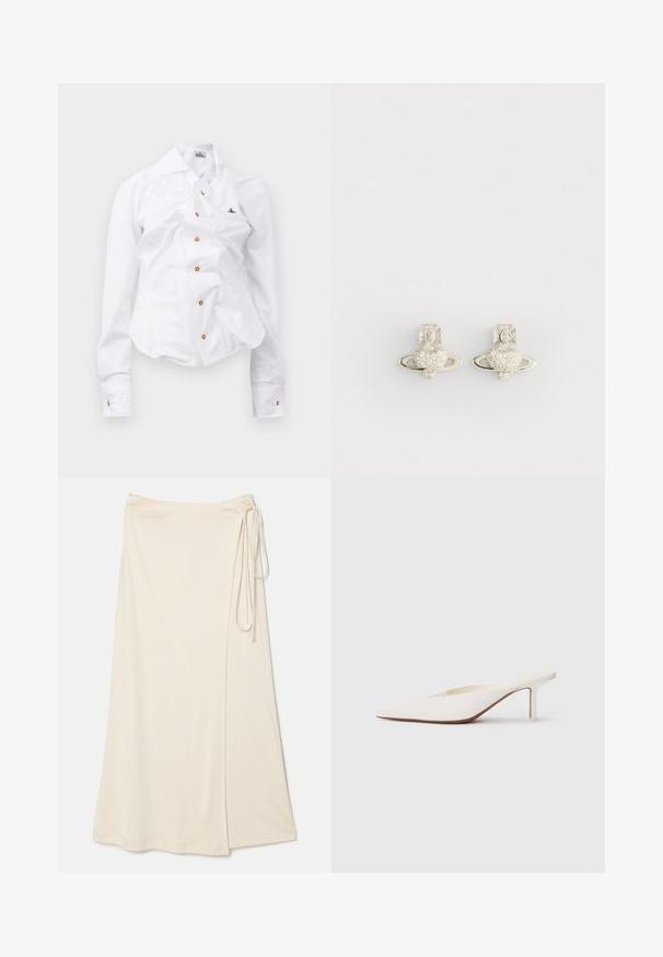 Hvid langærmet skjorte med en tætsiddende design. Har en stor krave, frontlukning med brune knapper og et lille broderet logo.; Beige indpakningsskørt lavet af glat, let stof, med et bånd i taljen og en sideslids for nem bevægelse.; Spids-tået hvid mule med en lav stilettohæl. Fremstillet af glat materiale med et minimalistisk design og diskret tan såldetalje.; Sølvøreringe med et hjerteformet design omfavnet af en ring, prydet med små klare sten og en detaljeret korsaccent.