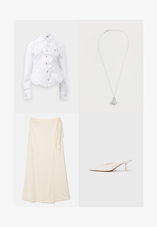 Hvid langærmet skjorte med en tætsiddende design. Har en stor krave, frontlukning med brune knapper og et lille broderet logo.; Beige indpakningsskørt lavet af glat, let stof, med et bånd i taljen og en sideslids for nem bevægelse.; Spids-tået hvid mule med en lav stilettohæl. Fremstillet af glat materiale med et minimalistisk design og diskret tan såldetalje.; Sølvkæde med en raketvedhæng, der har en rund diamantlignende midtsten og cirkulær base. Detaljeret og poleret finish.