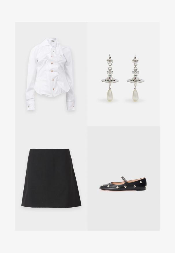 Cămașă albă cu mânecă lungă, cu un design ajustat. Are un guler mare, închidere frontală cu nasturi maro și un mic logo brodat.; Fustă mini neagră cu siluetă dreaptă, realizată dintr-un material texturat, cu fermoar lateral și fără modele sau decoruri vizibile.; Pantofii Mary Jane din piele neagră, cu vârful rotund, decorati cu nasturi circulari argintii și o curea ajustabilă cu cataramă.; Cercei din argint cu un cerc circular, împodobiți cu pietre strălucitoare și un pandantiv din perlă în formă de lacrimă. Design distinctiv cu accente complicate.