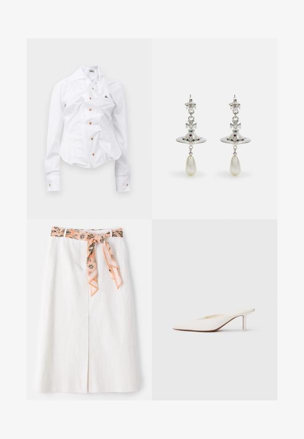 Valge pika varrukaga särk, millel on vormitud disain. Iseloomustab suur krae, ees nupuga sule avamine pruunide nuppudega ja väike broderi logo.; Valge midi seelik koos mustritud siidist lipsuga vööl. Omab sirget lõiget ja peent tekstuuri. Pole nähtavaid kinnitusi.; Küünise otstega valge mool, madala stiletto kontsaga. Valmistatud siledast materjalist, minimalistlik disain ja peene pruunikas tallateen.; Hõbedased kõrvarõngad, millel on ümmargune rõngas, kaunistatud sädelevate kividega ja tilgakujuline pärlpendant. Erakordne disain keerukate aktsentidega.
