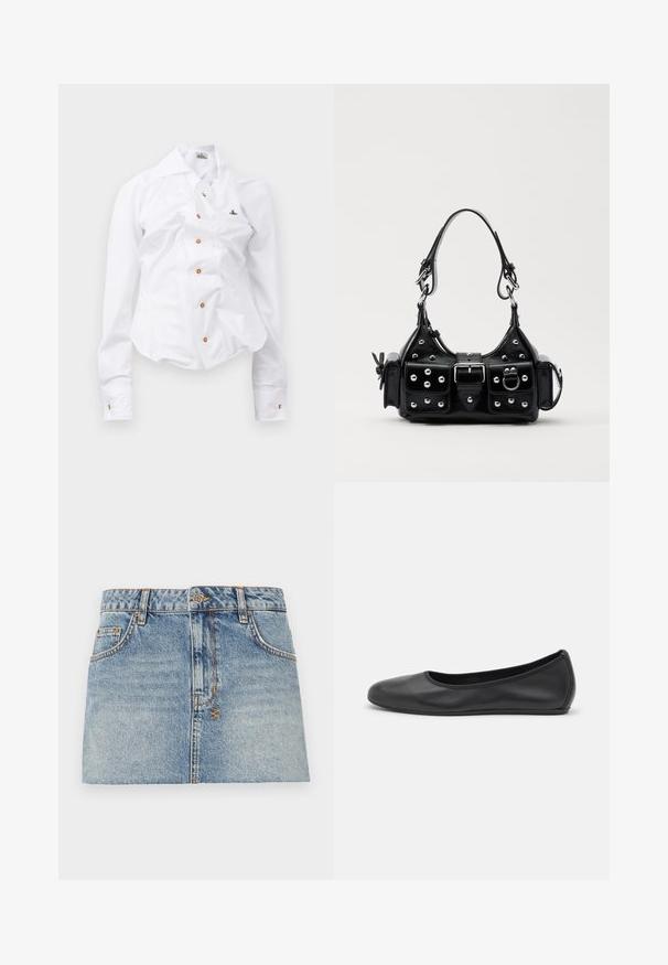 Bela srajca z dolgimi rokavi in prirezano obliko. Ima velik ovratnik, sprednje zapiranje na gumbe v rjavi barvi in majhen izvezen logotip.; Svetlo modra denim mini krila s prilegajočim pasom, sprednjim gumbom in dvema stranskima žepoma. Ima neobdelane robove in kontrastne šivanje detajle.; Črne usnjene balerinke z zaobljenim nosom, gladko teksturo, minimalnimi šivi in fleksibilno zasnovo podplata.; Črna usnjena torbica s ukrivljenim dizajnom, ki vsebuje srebrne žebljičke, zaponko in dve stranski žepki. Nastavljiv trak za različne možnosti nošenja.