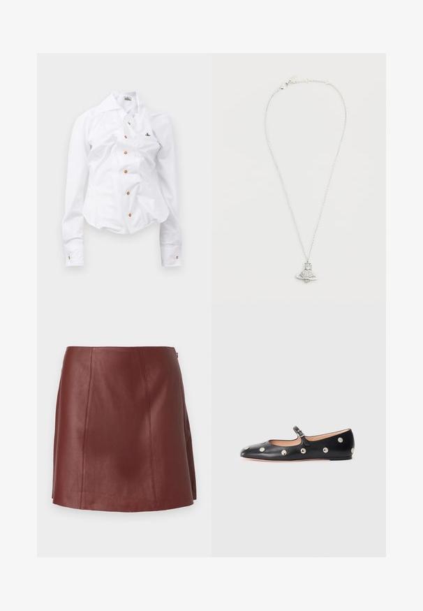 Balta ilgomis rankovėmis marškiniai su prigludusia išvaizda. Yra didelis apykaklė, priekinis užsegimas su rudais mygtukais ir mažas siuvinėtas logotipas.; Bordo odinė mini sijonas su švariu dizainu, išryškintomis siūlių detalėmis ir tiesiu kirpimu, lygiu paviršiumi ir be matomų užsegimų.; Juodų odinių Mary Jane plokščių batų su apvaliu pirštu, papuoštų sidabriniais apvaliais nagais ir reguliuojamu dirželiu su sagtimi.; Sidabro grandinėlė su raketos pakabuku, kuriame yra apvalus deimanto formos akmuo ir apvalus pagrindas. Išbaigtas ir poliruotas paviršius.