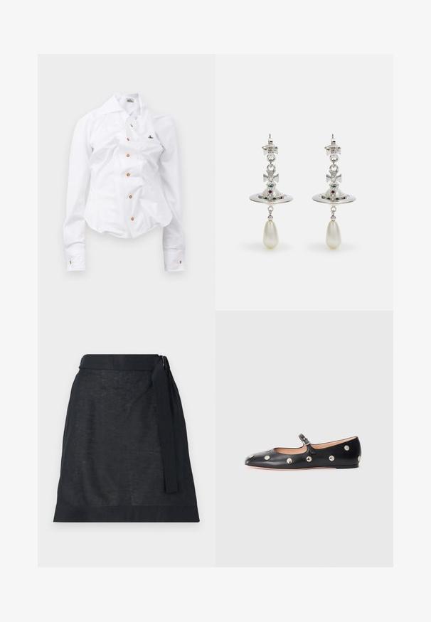 Hvid langærmet skjorte med en tætsiddende design. Har en stor krave, frontlukning med brune knapper og et lille broderet logo.; Mørk linned wrap-nederdel med lige snit, der har et taljebånd og en subtil tekstur. Ingen synlige mønstre eller hardware-detaljer.; Sorte læder Mary Jane flad sko med en rund tå, udstyret med sølvfarvede runde nitter og en justerbar rem med spænde.; Sølvøreringe med en cirkulær ring, prydet med funklende sten og en dråbeperle som vedhæng. Distinkt design med indviklede detaljer.