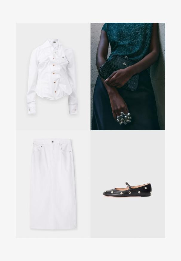 White long-sleeve shirt with a fitted design. Features a large collar, front button closure with brown buttons, and a small embroidered logo.; White denim skirt with a straight cut, featuring a waistband and front zipper, accented by silver hardware and five pockets. Clean design.; Black leather Mary Jane flat shoe with a rounded toe, featuring silver circular studs and an adjustable strap with a buckle.; Black crocodile-patterned clutch bag with silver hardware, held against a textured gray background. Features a shiny surface.