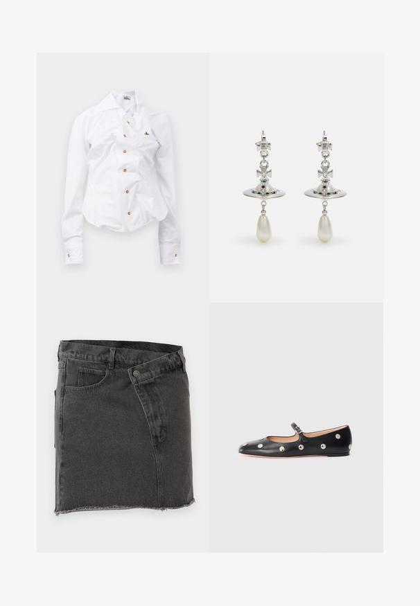 Cămașă albă cu mânecă lungă, cu un design ajustat. Are un guler mare, închidere frontală cu nasturi maro și un mic logo brodat.; Fustă mini din denim negru, cu buzunare frontale, bucle pentru curea, închidere cu nasture și detalii cu margine brută.; Pantofii Mary Jane din piele neagră, cu vârful rotund, decorati cu nasturi circulari argintii și o curea ajustabilă cu cataramă.; Cercei din argint cu un cerc circular, împodobiți cu pietre strălucitoare și un pandantiv din perlă în formă de lacrimă. Design distinctiv cu accente complicate.