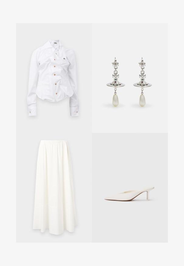 Biela dlhá košeľa s priliehavým strihom. Má veľký golier, predné zapínanie na hnedé gombíky a malé vyšívané logo.; Biela sukňa po členky vyrobená z ľahkej tkaniny s nazberaným elastickým pásom a rozšíreným lemom, s hladkou textúrou.; Biele muly s ostrou špičkou a nízkym stiletto podpätkom. Vyrobené z hladkého materiálu s minimalistickým dizajnom a jemným detailom na tanovej podrážke.; Strieborné náušnice s obručou v tvare kruhu, zdobené žiariacimi kameňmi a perlou v tvare kvapky. Výnimočný dizajn s prepracovanými detailami.