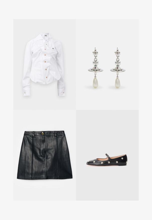 Balta ilgomis rankovėmis marškiniai su prigludusia išvaizda. Yra didelis apykaklė, priekinis užsegimas su rudais mygtukais ir mažas siuvinėtas logotipas.; AERON RUDENS SKIRT - Trapecinis sijonas - black; Juodų odinių Mary Jane plokščių batų su apvaliu pirštu, papuoštų sidabriniais apvaliais nagais ir reguliuojamu dirželiu su sagtimi.; Sidabrinės auskarai su apvaliu žiedu, papuošti spindinčiomis akmenimis ir ašarėlės formos perlo pakabučiu. Išskirtinis dizainas su rafinuotais akcentais.