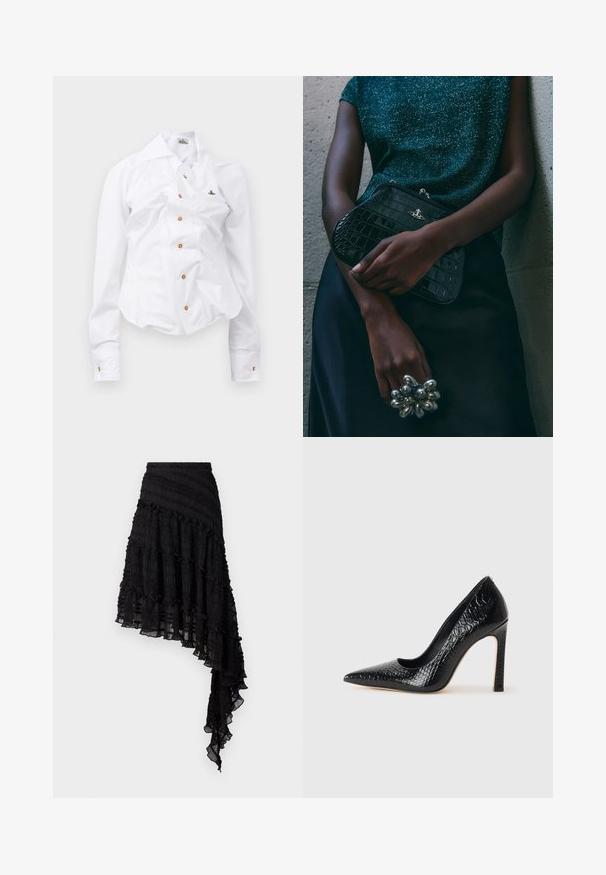 Camisa branca de manga longa com um design ajustado. Apresenta um grande colarinho, fecho frontal com botões castanhos e um pequeno logótipo bordado.; Saia preta assimétrica com pregas texturizadas, babados em camadas e uma cintura franzida. Tecido leve com um acabamento transparente.; Sapato de salto alto de bico fino preto com textura de pele de crocodilo, apresentando um design elegante, salto agulha alto e interior preto suave.; Clutch bag preta com padrão de crocodilo e acessórios em prata, sostenida contra um fundo cinza texturizado. Apresenta uma superfície brilhante.