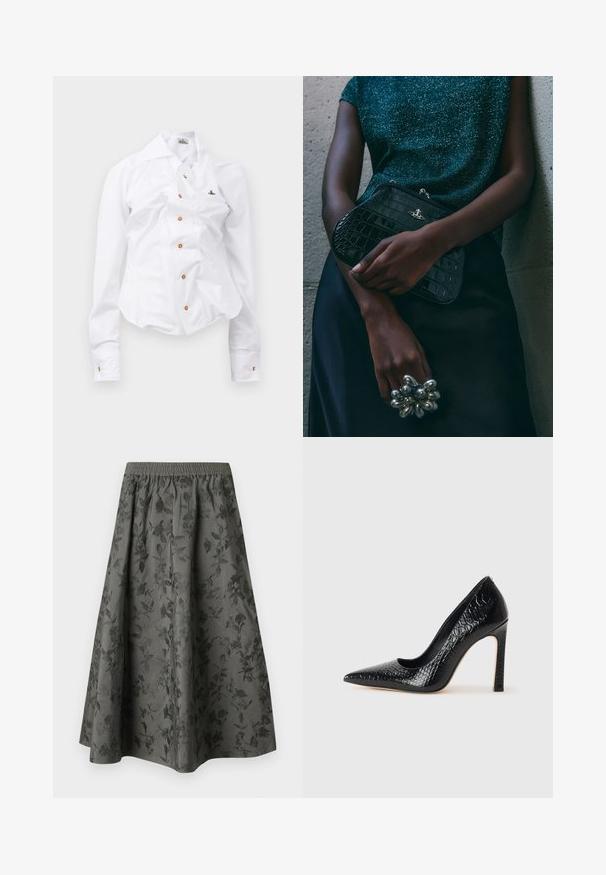 Balta ilgomis rankovėmis marškiniai su prigludusia išvaizda. Yra didelis apykaklė, priekinis užsegimas su rudais mygtukais ir mažas siuvinėtas logotipas.; Tamsiai pilkas midi sijonas su elastine juosta, puošiamas iškilio lapų raštu visame paviršiuje, kad suteiktų papildomos tekstūros ir vizualinio patrauklumo.; Juoda smailiakulnė aukšto kulno bateliai su krokodilo odos tekstūra, pasižymintys elegantišku dizainu, aukštu stiletu kulnu ir lygia juoda vidine dalimi.; Juodas krokodilo odos rašto vakarėlis su sidabriniais aksesuarais, laikomas prieš tekstūruotą pilką foną. Pasižymi blizgiu paviršiumi.; Sidabrinės auskarai su apvaliu žiedu, papuošti spindinčiomis akmenimis ir ašarėlės formos perlo pakabučiu. Išskirtinis dizainas su rafinuotais akcentais.