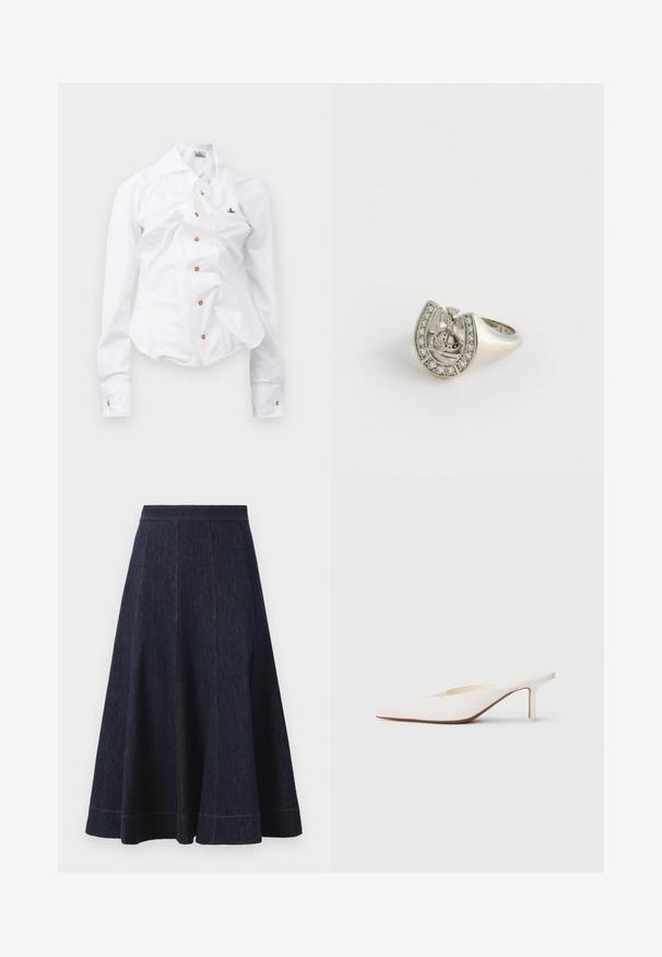 Camicia bianca a maniche lunghe con un design aderente. Presenta un grande colletto, chiusura frontale con bottoni marroni e un piccolo logo ricamato.; Gonna in denim blu scuro con silhouette svasata, caratterizzata da dettagli delle cuciture verticali e cuciture arancioni a contrasto lungo l'orlo.; Mule bianco a punta con tacco stiletto basso. Realizzato in materiale liscio con un design minimalista e dettagli delicati sulla suola colorato beige.; Anello in argento a forma di ferro di cavallo, decorato con piccole gemme trasparenti lungo il bordo esterno e un design centrale che presenta una croce.