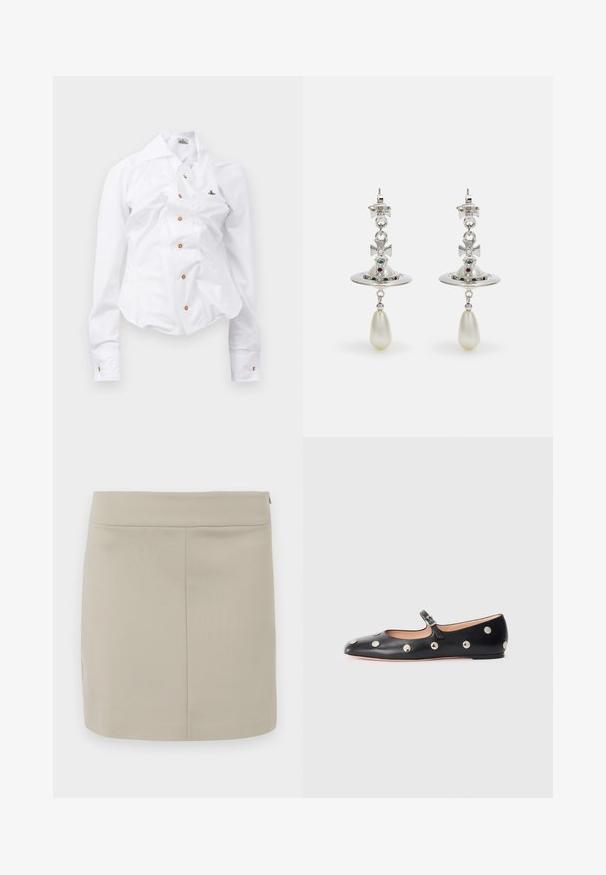 Valkoinen pitkähihaisen paita, jossa on slim fit -muotoilu. Sisältää suuren kauluksen, edessä nappisuljenta ruskeilla nappeilla sekä pienen brodeeratun logon.; Beige mini hame made of smooth fabric, with a straight cut, simple design, and a concealed zipper on the side.; Musta nahkainen Mary Jane -tyylinen tasapohjakenkä, jossa on pyöreä varvas. Kenkässä on hopeisia pyöreitä niittejä ja säätöremmi, jossa on solki.; Hope hopea, jossa on pyöreä muoto, koristeltu kimaltavilla kivillä ja tipan muotoisella helmipendaatilla. Erityinen muotoilu monimutkaisilla yksityiskohdilla.