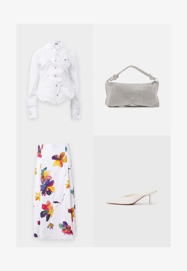 Bijela košulja dugih rukava s uskim dizajnom. Sadrži veliki ovratnik, prednje zatvaranje na gumbe smeđe boje i mali vezeni logotip.; Bijela cvjetna suknja s šarenim akvarelnim uzorcima cvijeća u ljubičastoj, žutoj i crvenoj boji; nabran dizajn s detaljima bočnog zatvaranja.; Bijele mule sa šiljastim vrhom i niskom stiletto petom. Napravljene su od glatkog materijala s minimalističkim dizajnom i suptilnim bež detaljem na potplatu.; Metalna mrežasta torba za rame u srebrnoj boji, s čvorastim ručkom, zatvaranjem na patentni zatvarač i geometrijskim oblikom tijela s glatkom teksturom.; Srebrne naušnice s kružnom okruglom petljom, ukrašene sjajnim kamenčićima i kapljicom bisera. Distinktivan dizajn s složenim detaljima.