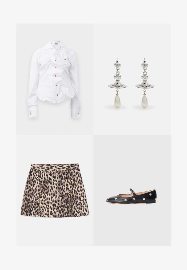 Chemise blanche à manches longues au design ajusté. Dispose d'un grand col, d'une fermeture à boutons sur le devant avec des boutons marron, et d'un petit logo brodé.; Jupe en denim imprimé léopard avec taille haute, fermeture à boutons sur le devant et deux poches latérales avec détails à cordon.; Chaussure plate en cuir noir type Mary Jane avec un bout arrondi, ornée de clous ronds en argent et dotée d'une sangle réglable avec une boucle.; Boucles d'oreilles en argent avec un anneau circulaire, ornées de pierres étincelantes et d'un pendentif en forme de goutte de perle. Design distinctif avec des accents complexes.