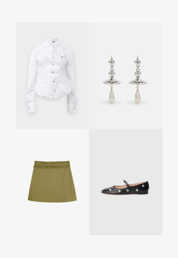 White long-sleeve shirt with a fitted design. Features a large collar, front button closure with brown buttons, and a small embroidered logo.; Olive green skirt made of cotton, featuring a ruffled waistband and a flared silhouette. Smooth texture, mid-thigh length.; Black leather Mary Jane flat shoe with a rounded toe, featuring silver circular studs and an adjustable strap with a buckle.; Silver earrings featuring a circular hoop, adorned with sparkling stones and a teardrop pearl pendant. Distinctive design with intricate accents.
