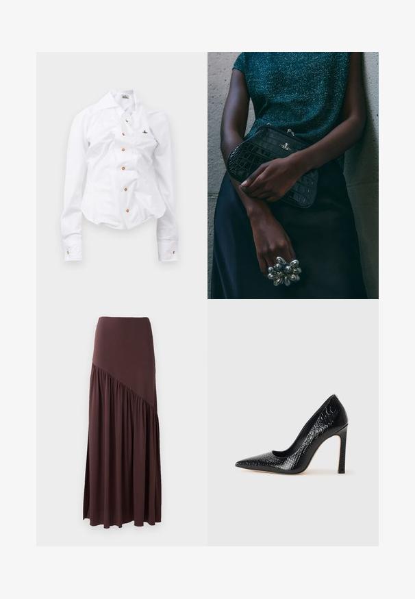 White long-sleeve shirt with a fitted design. Features a large collar, front button closure with brown buttons, and a small embroidered logo.; Brown maxi skirt made from soft fabric. Features a fitted waistband and an asymmetrical design with gathered detailing on one side.; Black pointed-toe high heel shoe with a crocodile-skin texture, featuring a sleek design, high stiletto heel, and smooth black interior.; Black crocodile-patterned clutch bag with silver hardware, held against a textured gray background. Features a shiny surface.